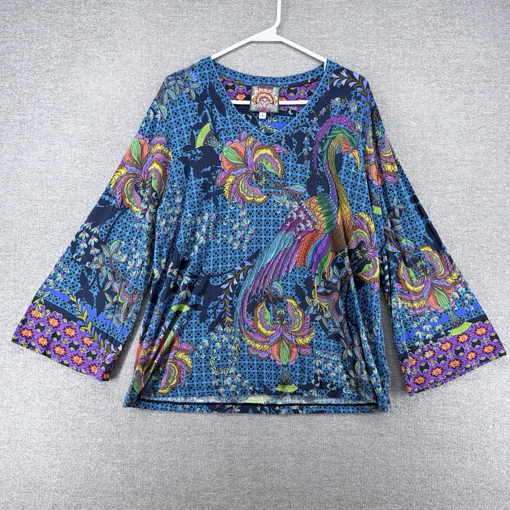Johnnie Was The Janie Favorite V Neck Women Size Medium Kimono Sleeve Boho Blue